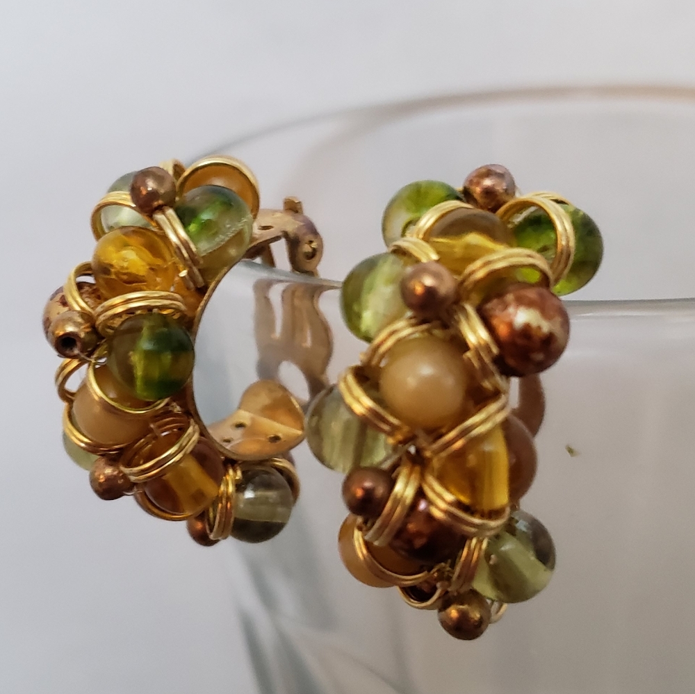 Earth Toned Beaded Gold Metal Clip On Earrings